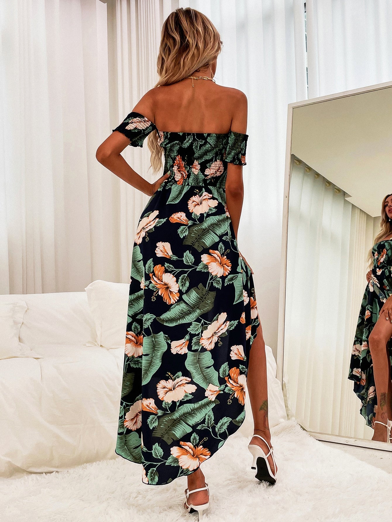 Tropical Print Shirred Bardot Wrap Dress