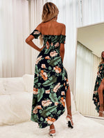 Tropical Print Shirred Bardot Wrap Dress