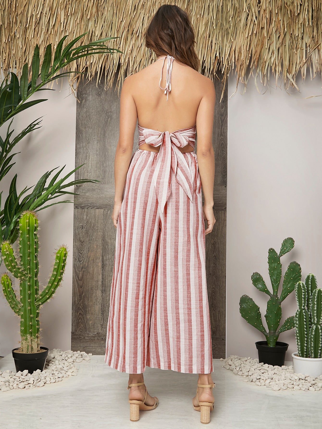 Twist Front Tied Backless Striped Cami Jumpsuit