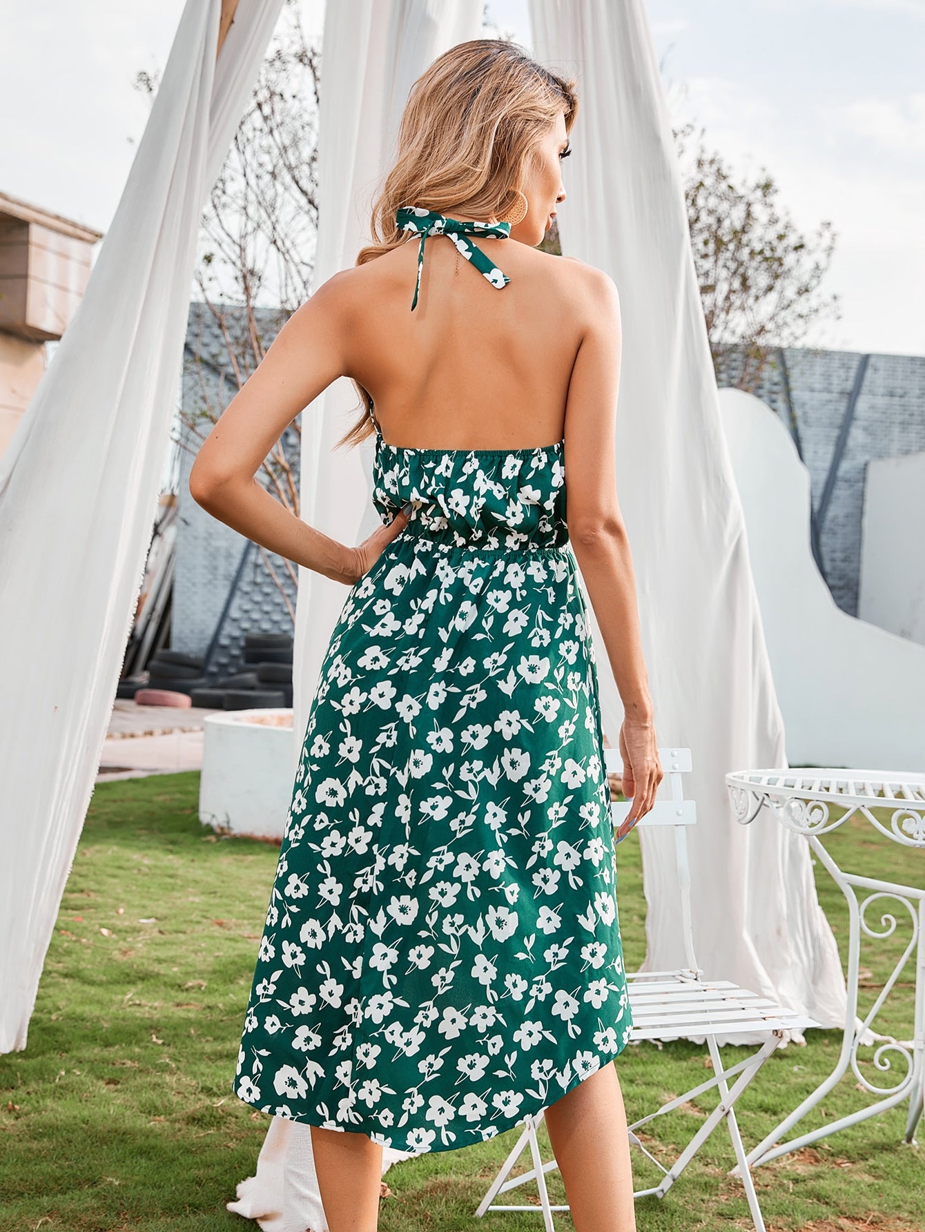 Tied Open Back High Low Floral Halter Dress