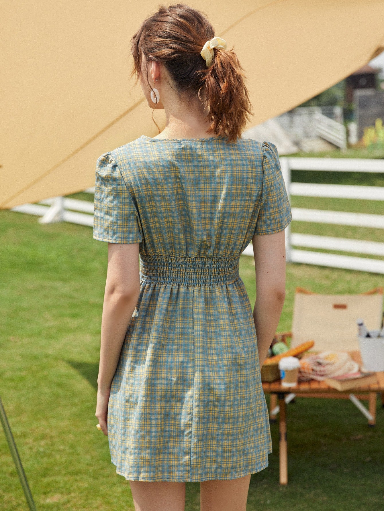 Shirred Waist Tartan Dress