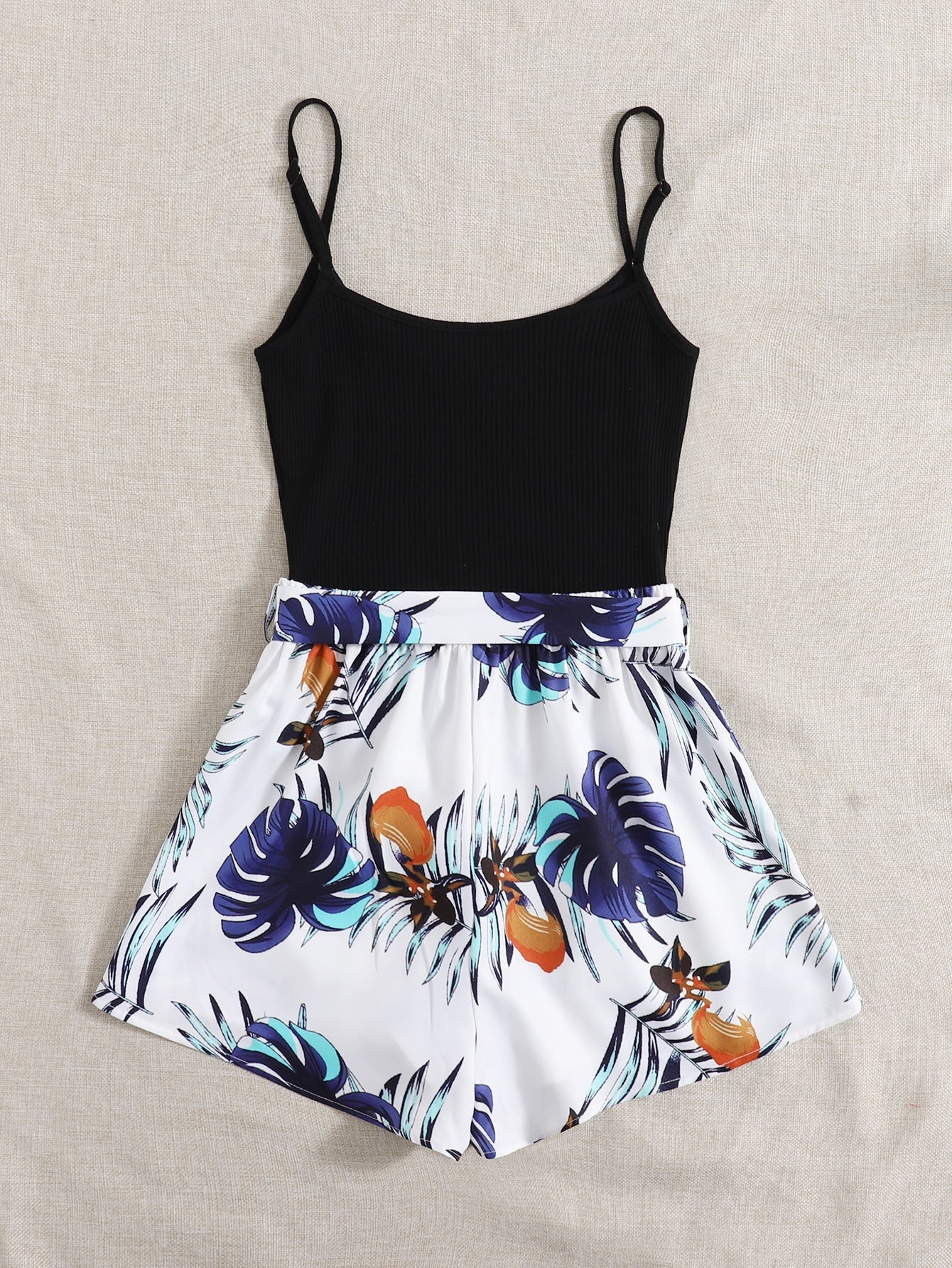 Tropical Print Self Belted Cami Romper