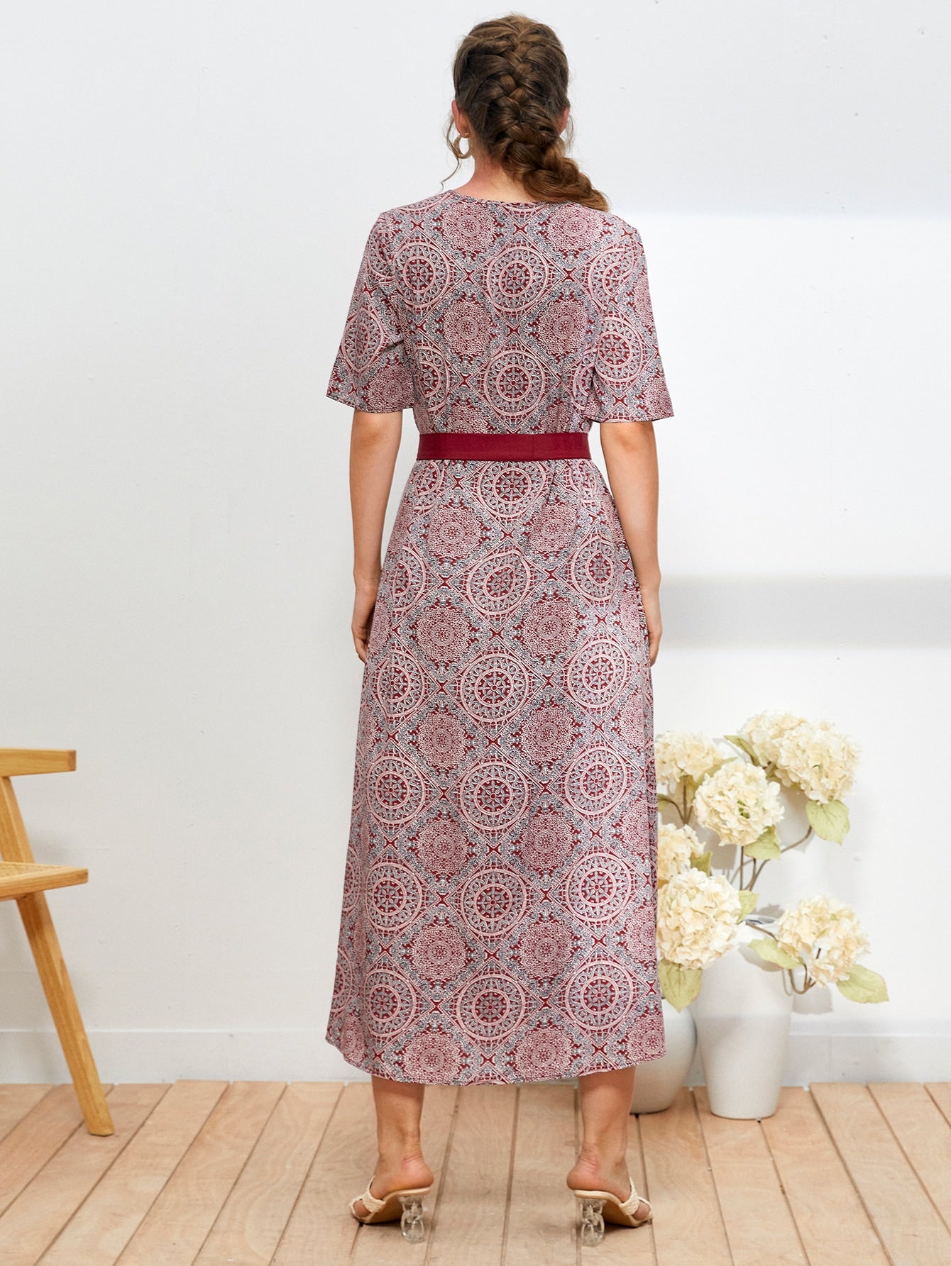 Allover Print Belted Dress