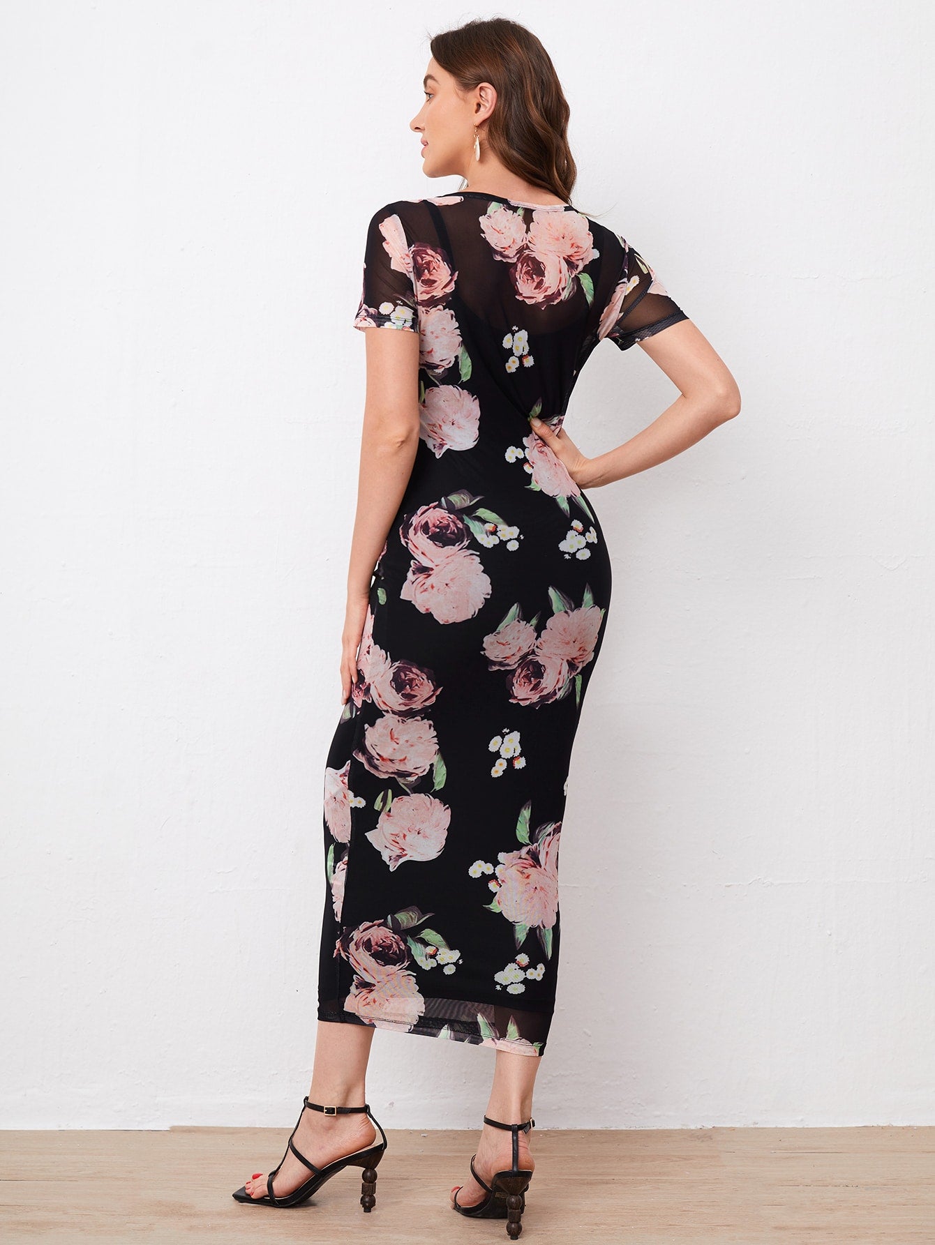 Floral Print Mesh Bodycon Dress