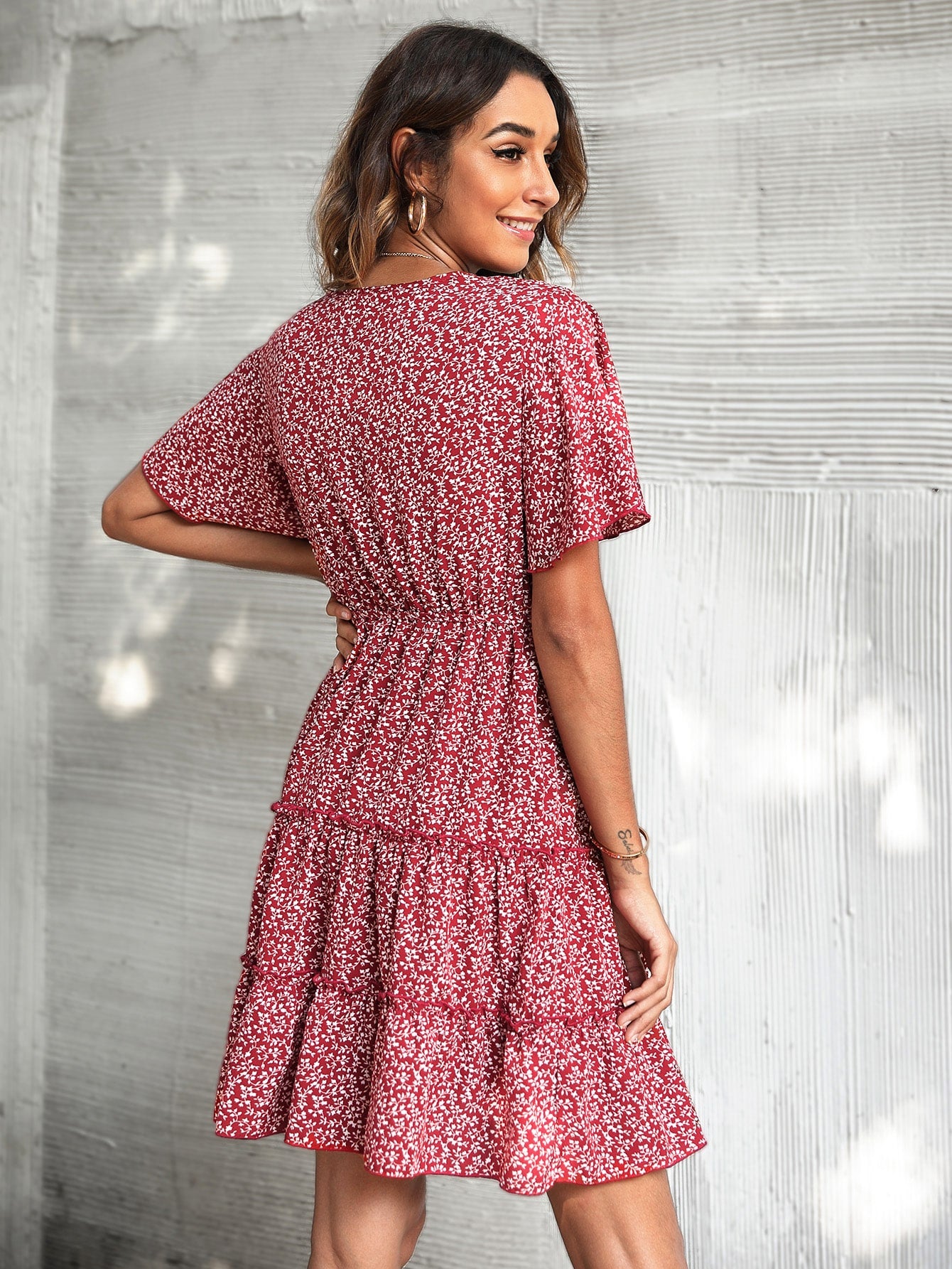 Plants Surplice Neck Belted Layered Hem Dress