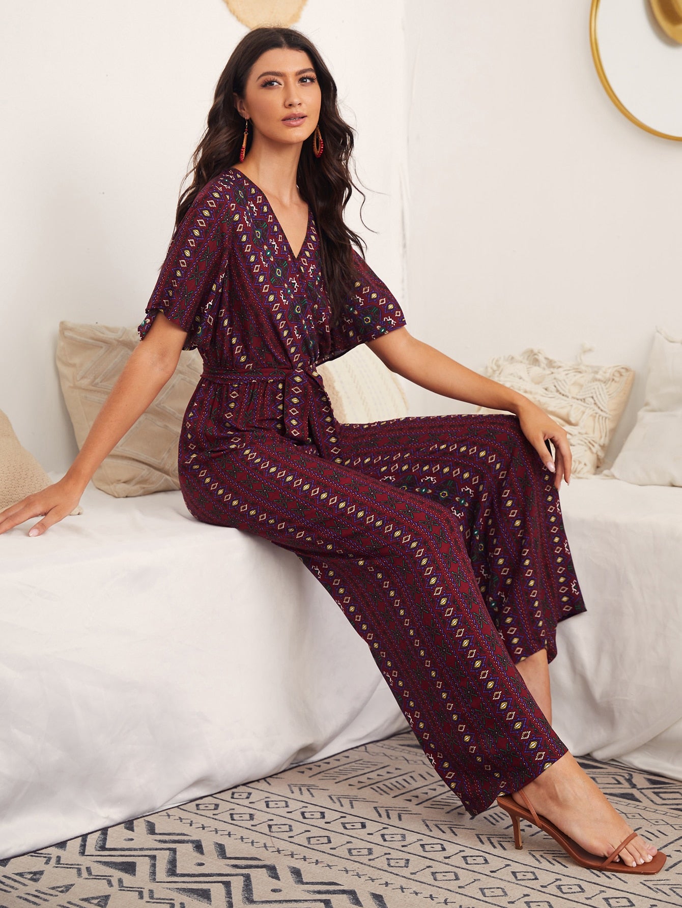 Bell Sleeve Belted Geo Jumpsuit