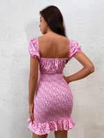 Ditsy Floral Shirred Ruffle Hem Bodycon Dress