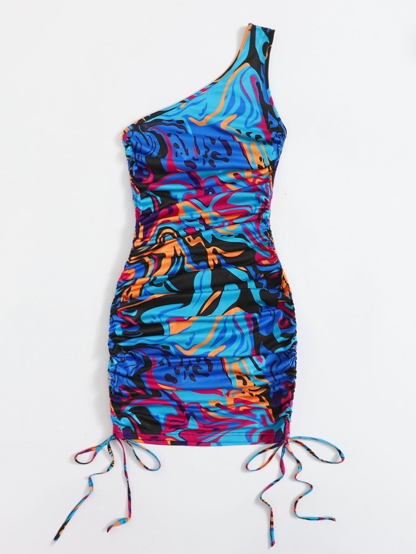 One Shoulder Drawstring Ruched Side Graphic Print Dress