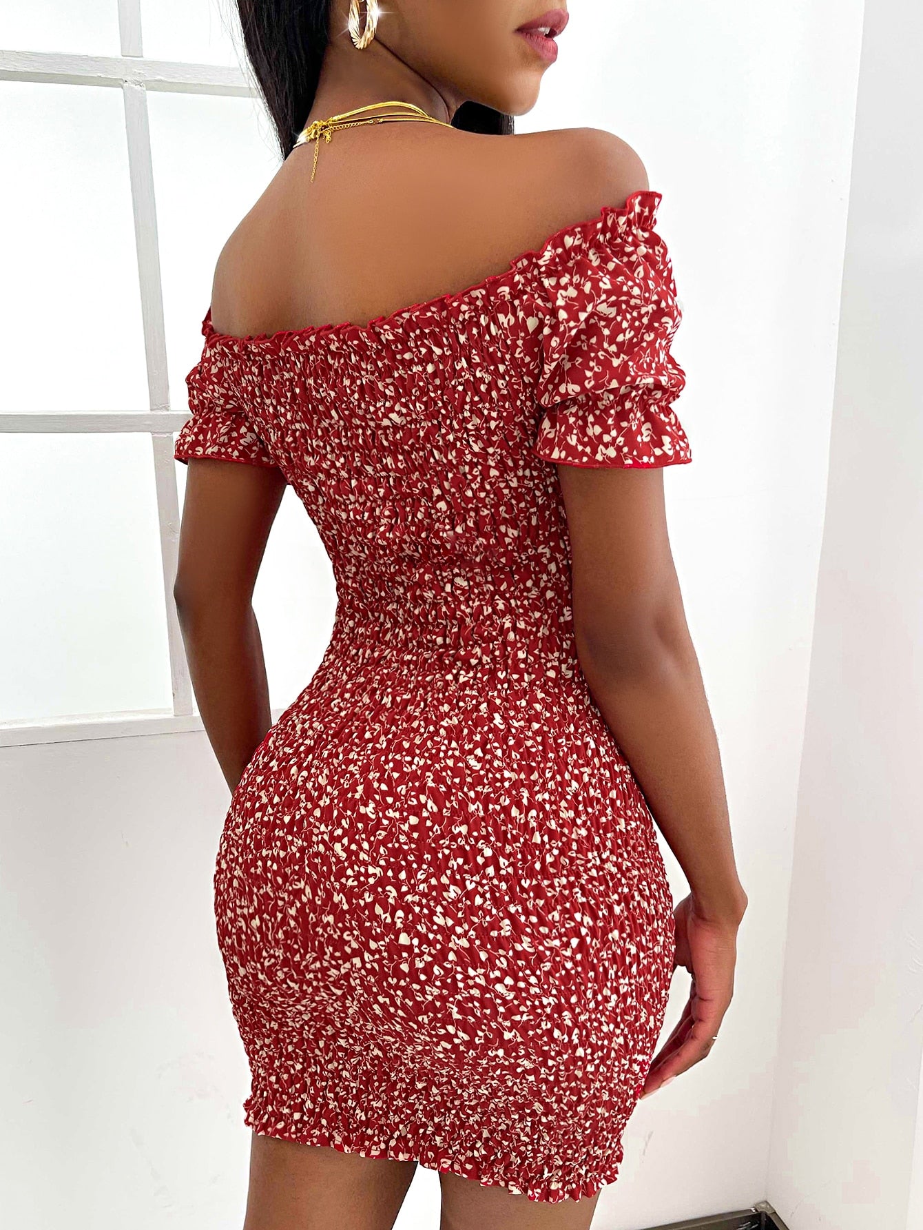 Allover Print Frill Shirred Fitted Dress