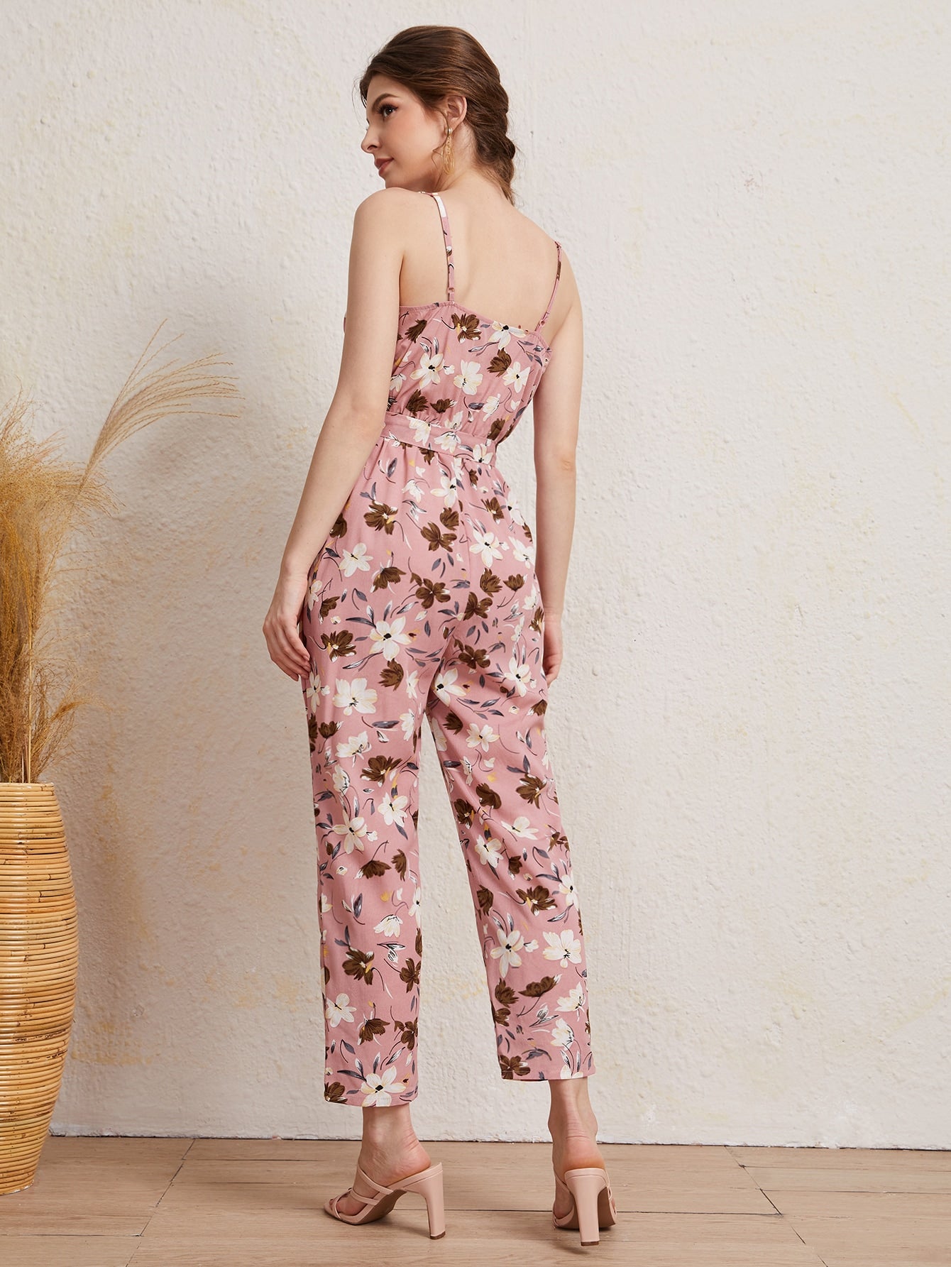 Allover Floral Print Belted Cami Jumpsuit