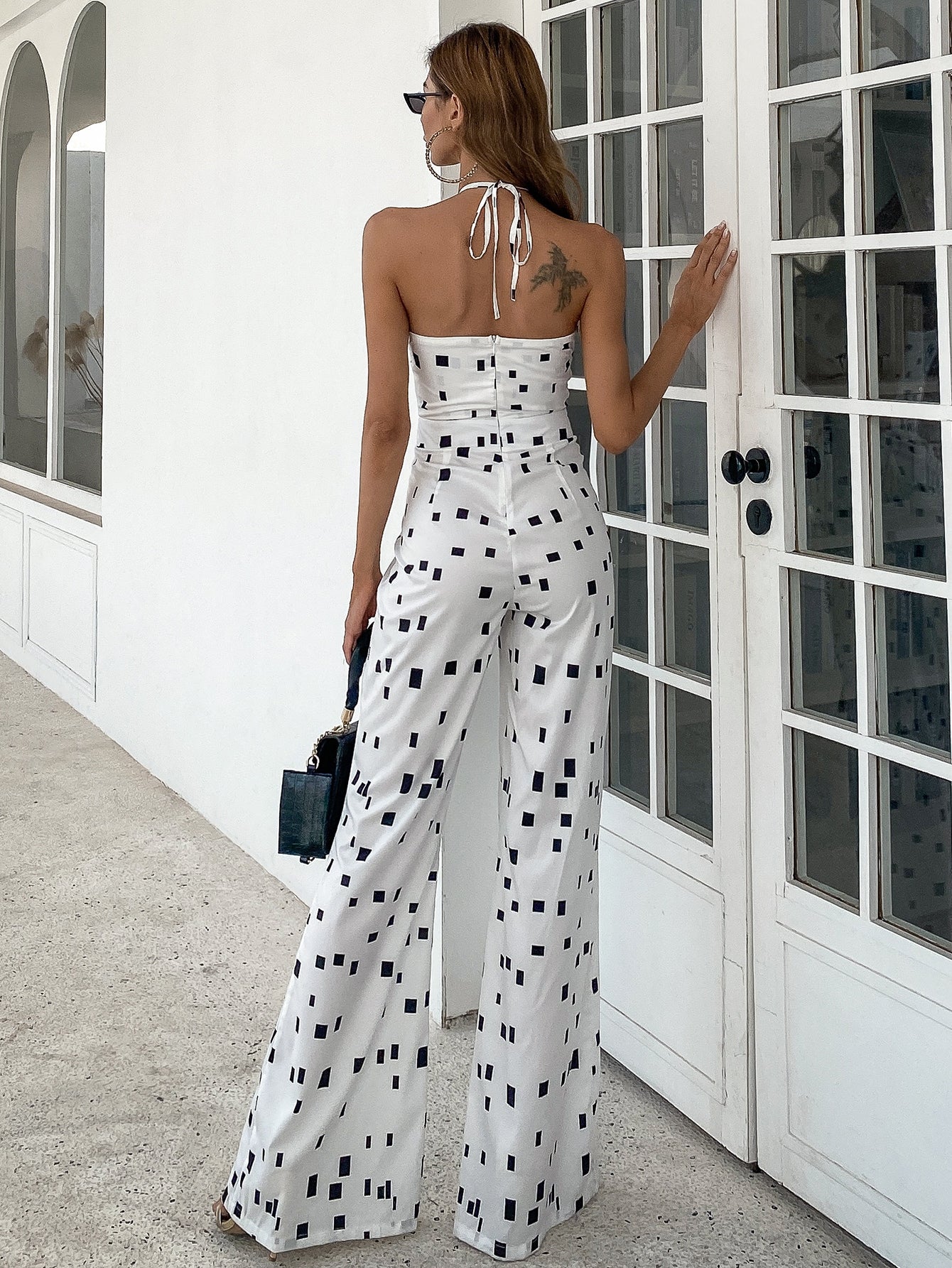 Missord Tie Back Cut-out Geo Print Wide Leg Jumpsuit