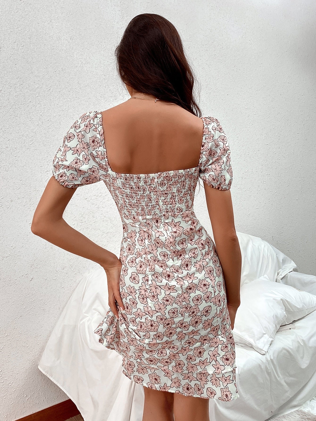 Allover Floral Tie Front Ruffle Hem Dress