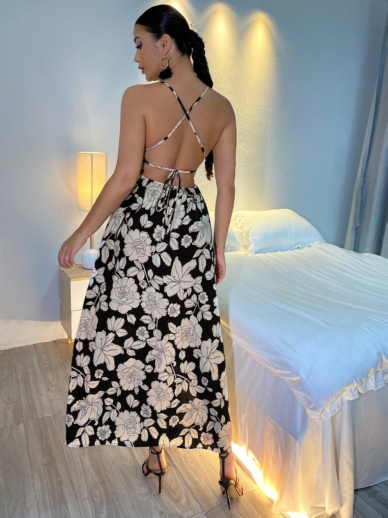 Allover Floral Criss-cross Backless Split Thigh Cami Dress