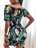 Allover Floral Shirred Drawstring Front Bodycon Dress