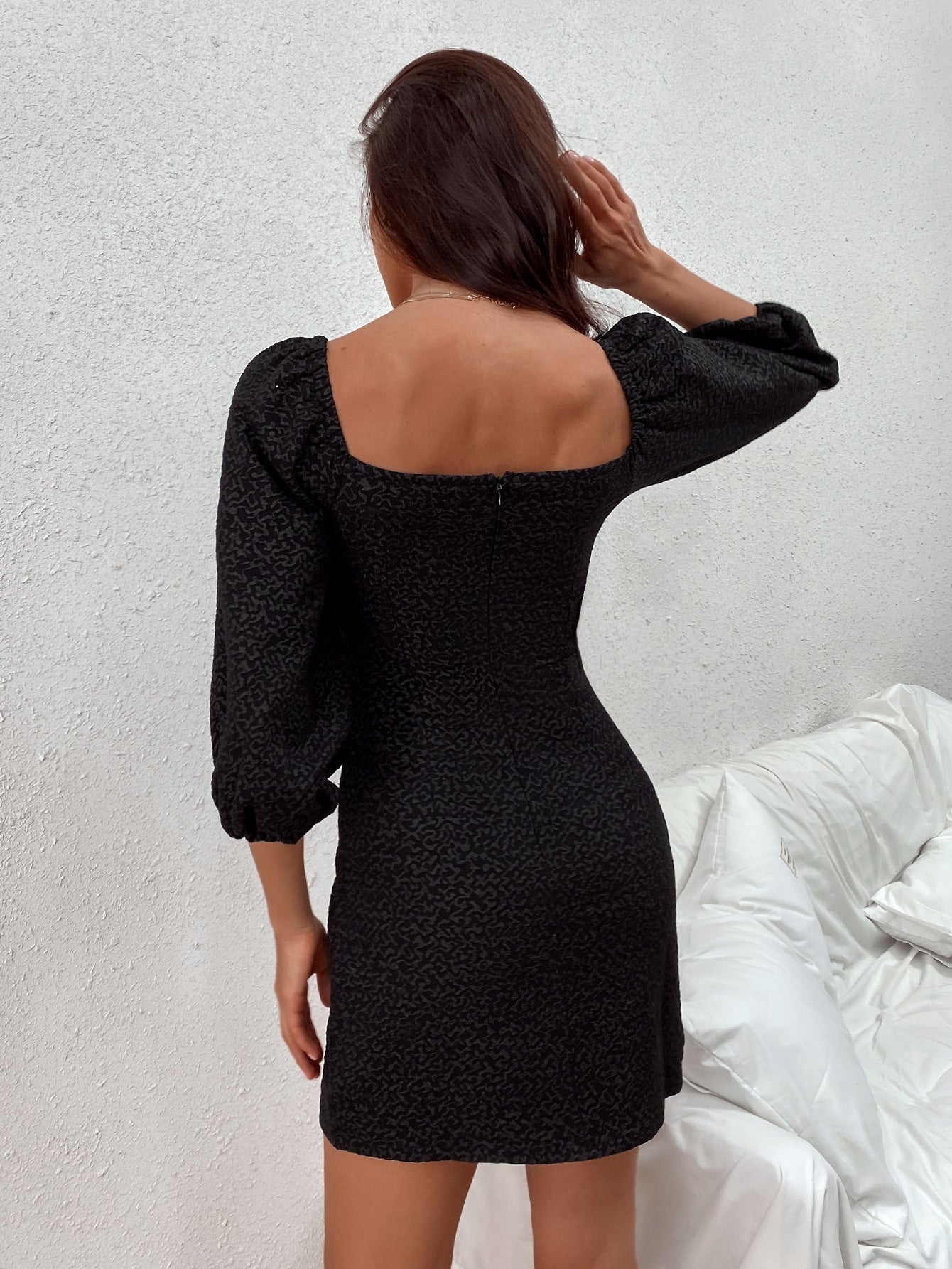 Sweetheart Puff Sleeve Knot Front Bodycon Dress