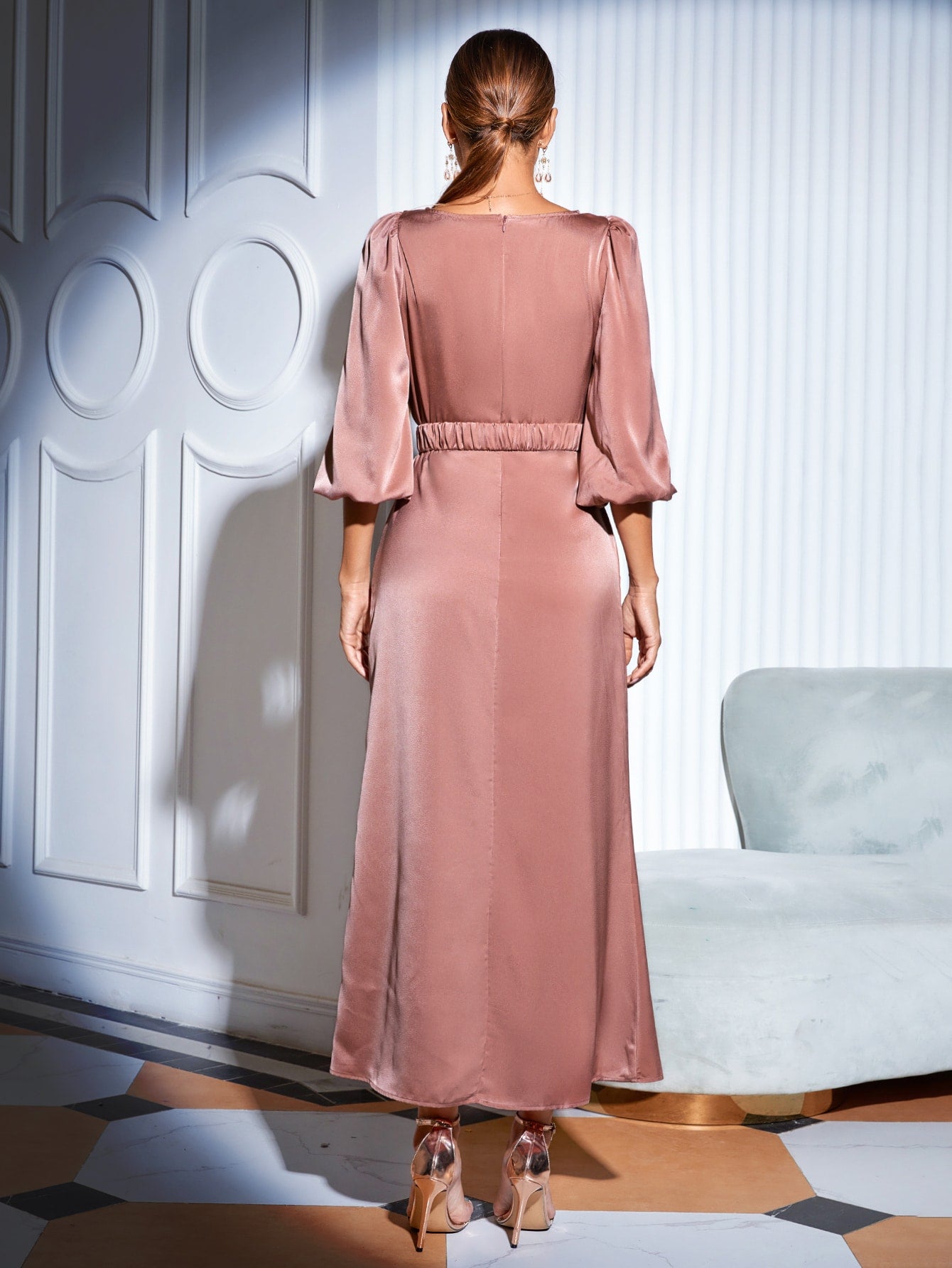Solid Satin Bishop Sleeve Dress