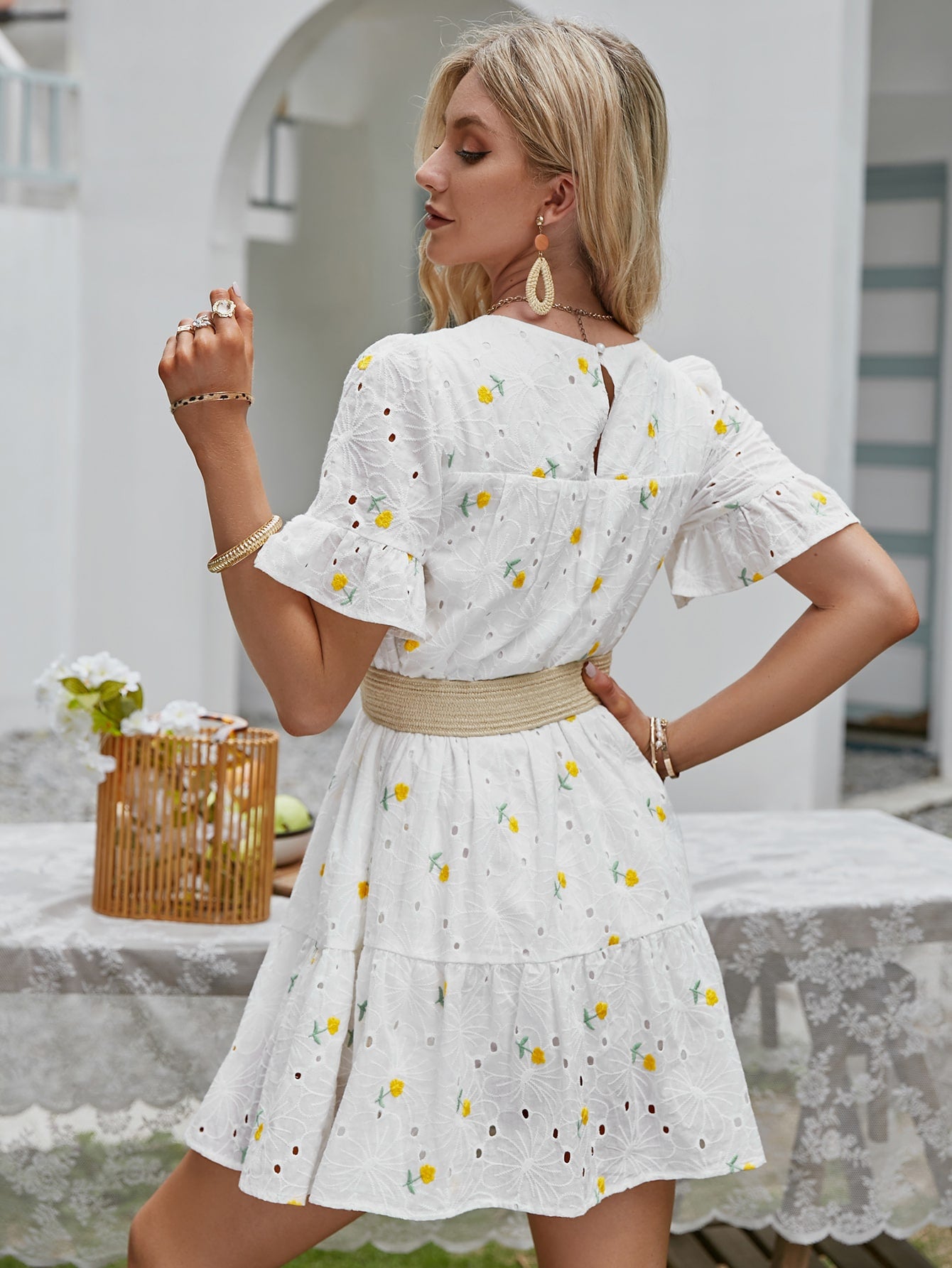 Simplee Ruffle Trim Embroidery Floral Schiffy Dress