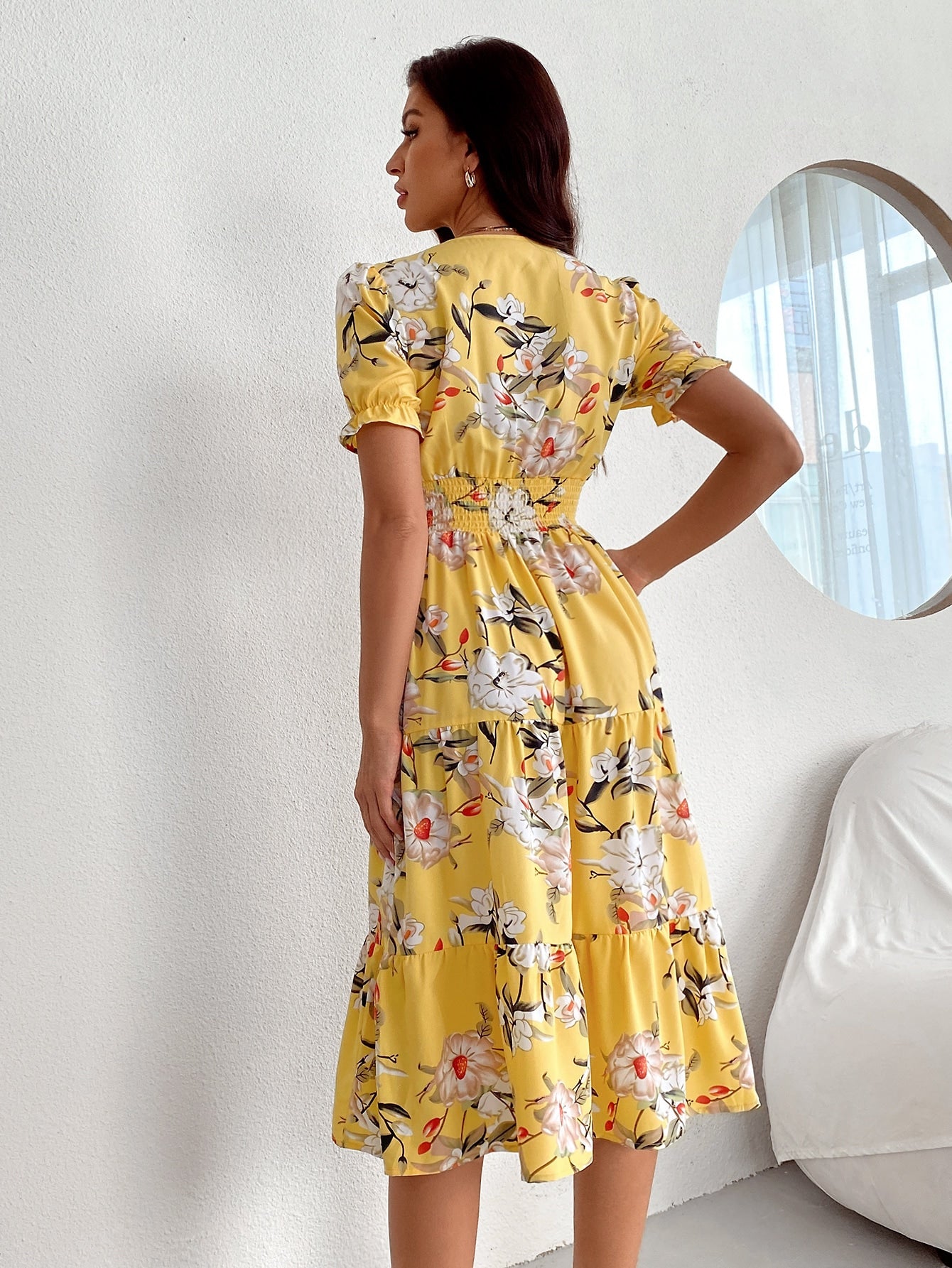 Floral Print Shirred Ruffle Hem Dress