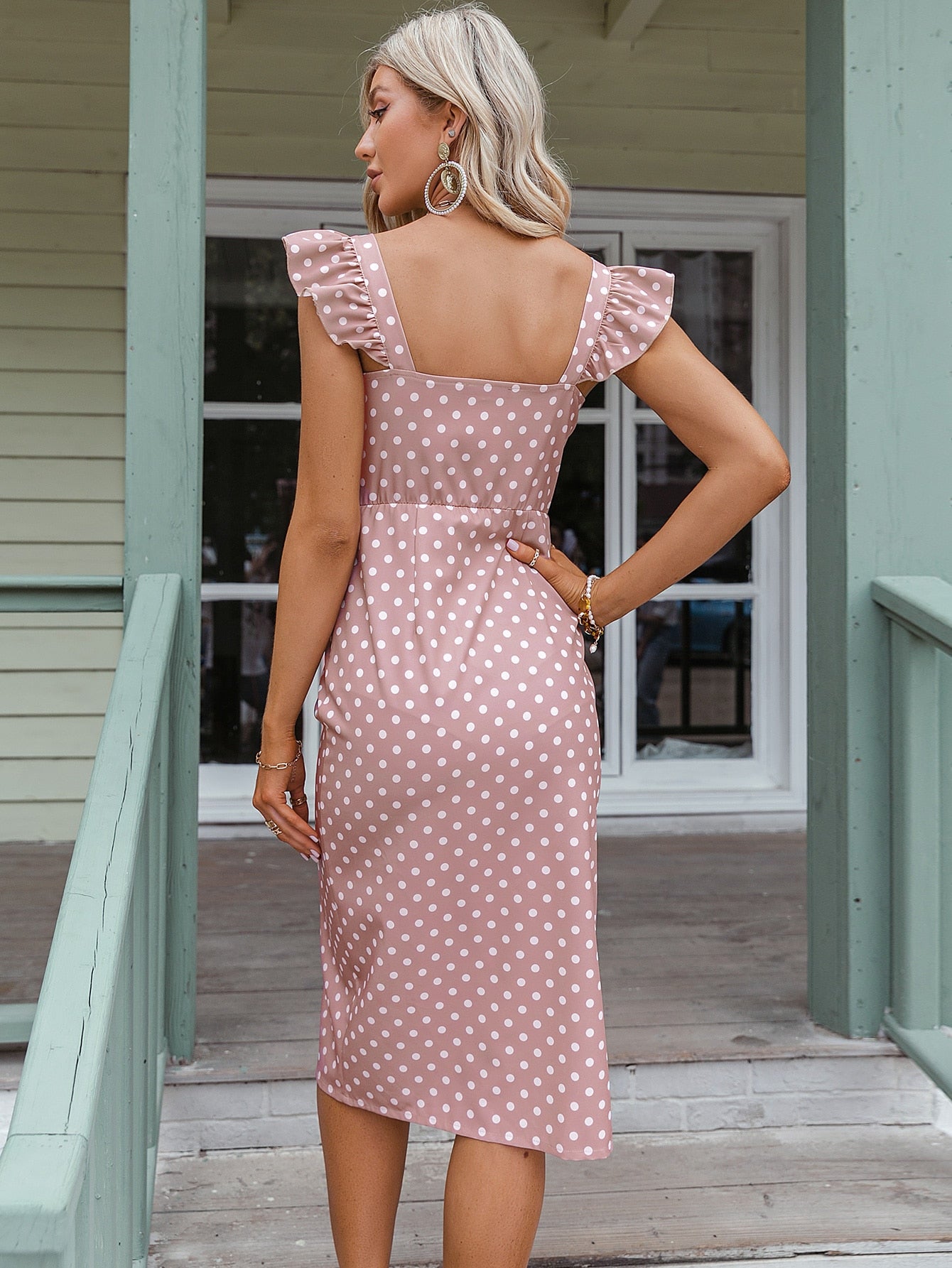 Simplee Ruffle Armhole Button Front Polka Dot Dress