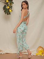 Allover Floral Print Crisscross Tie Backless Jumpsuit
