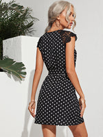 Notch Neck Self Belted Polka Dot Dress