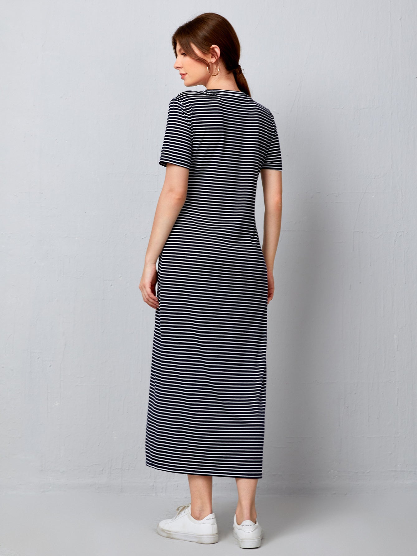 Striped Print Twist Front Slit Hem Dress
