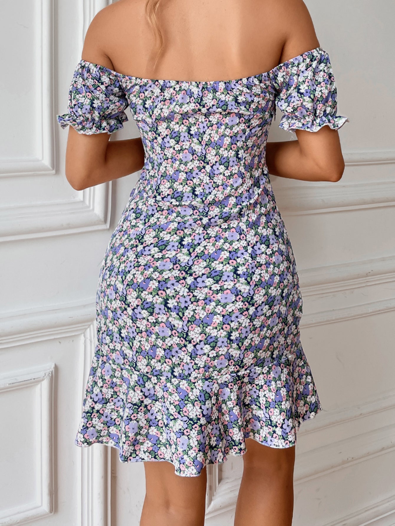 Floral Off Shoulder Knotted Ruffle Hem Dress