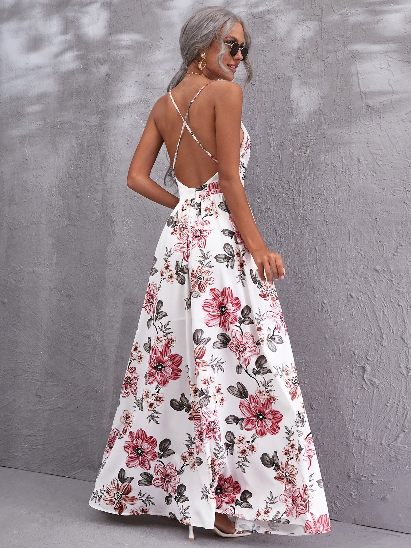Floral Plunging Neck Crisscross Backless Cami Dress