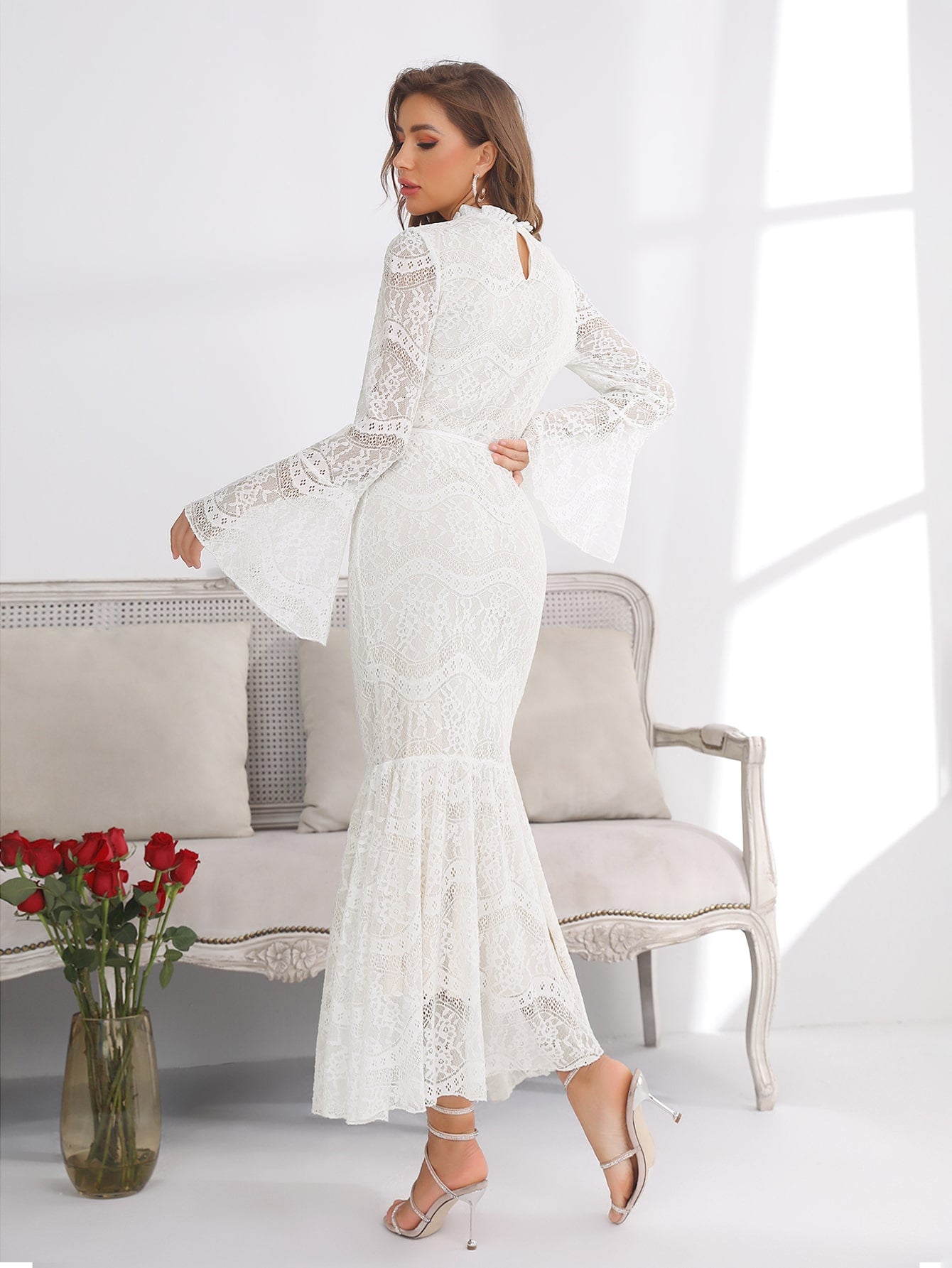 Lace Flounce Sleeve Ruffle Hem Belted Dress