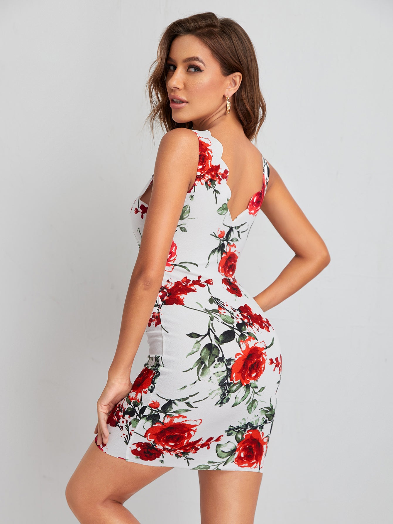 Floral Print Scallop Edge Bodycon Dress