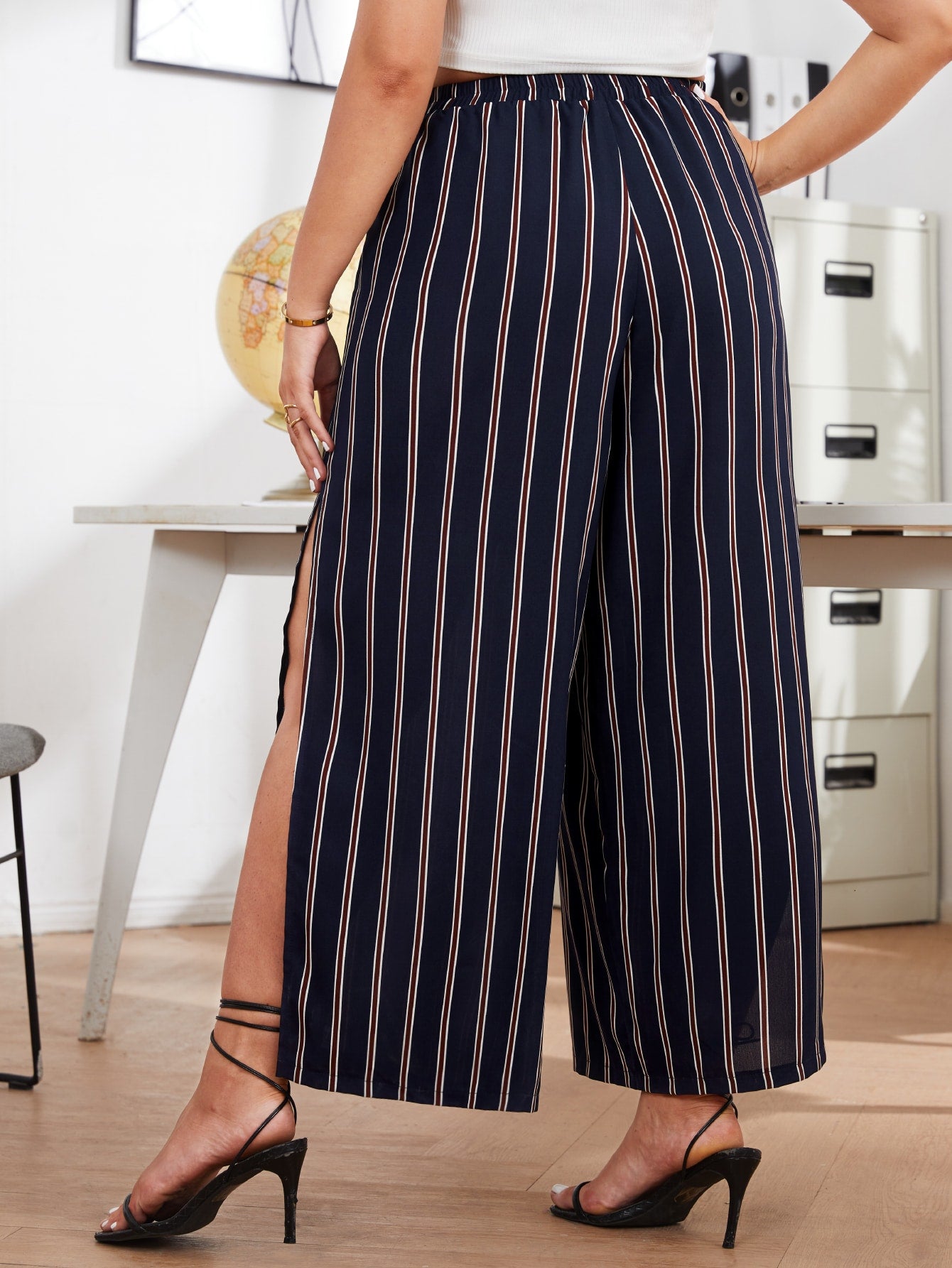 Plus Striped Print Split Side Wide Leg Pants