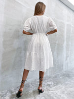 Eyelet Embroidery Puff Sleeve Drawstring Waist Dress