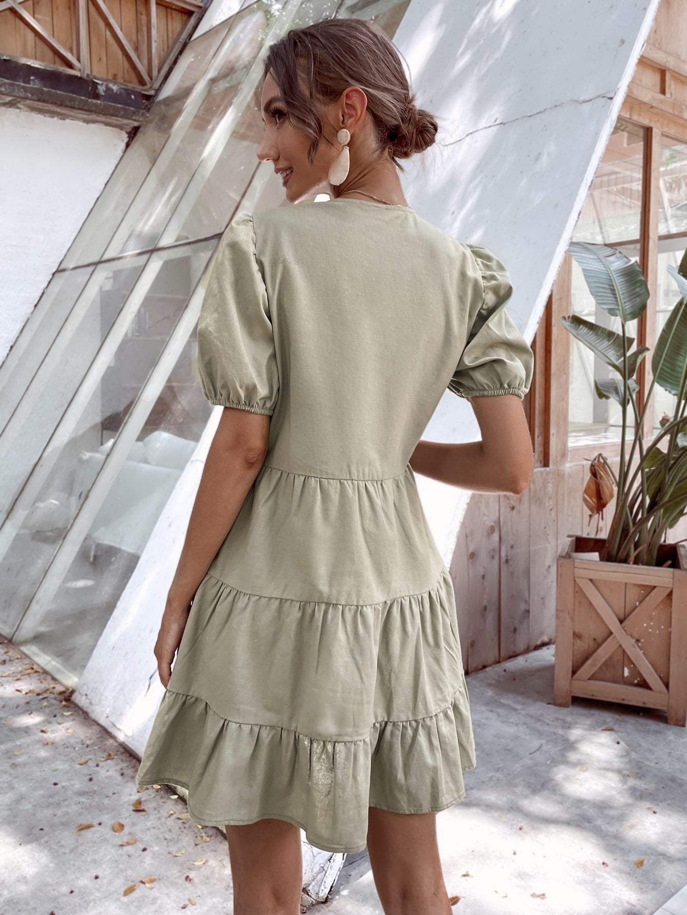 Puff Sleeve Ruffle Hem A-line Dress