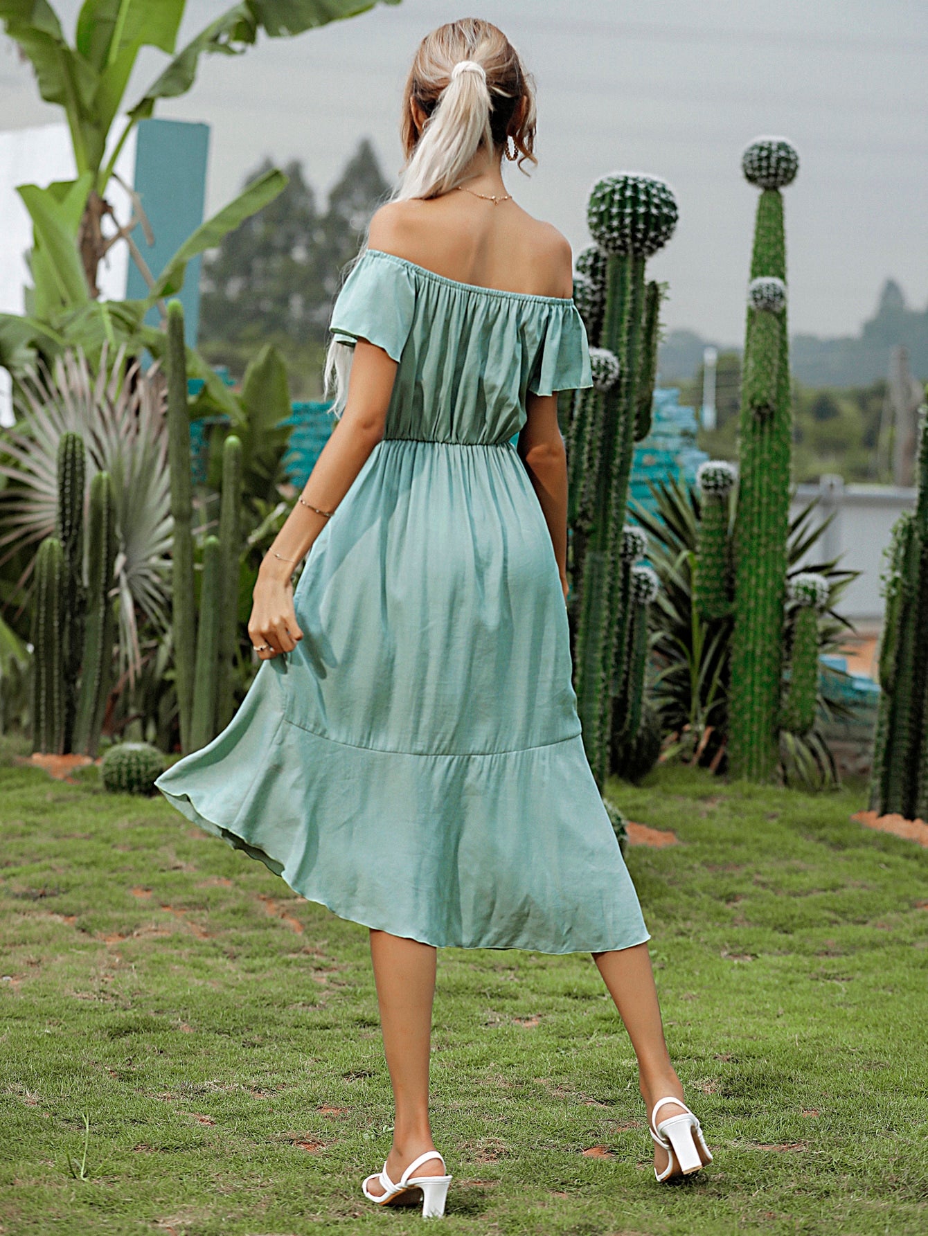 Off Shoulder Ruffle Hem Wrap Knot Dress