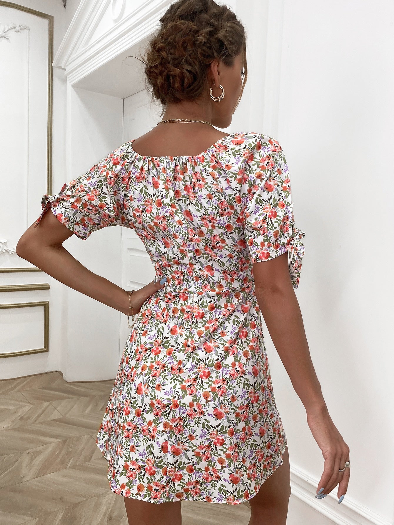 Allover Floral Print Tie Cuff Dress
