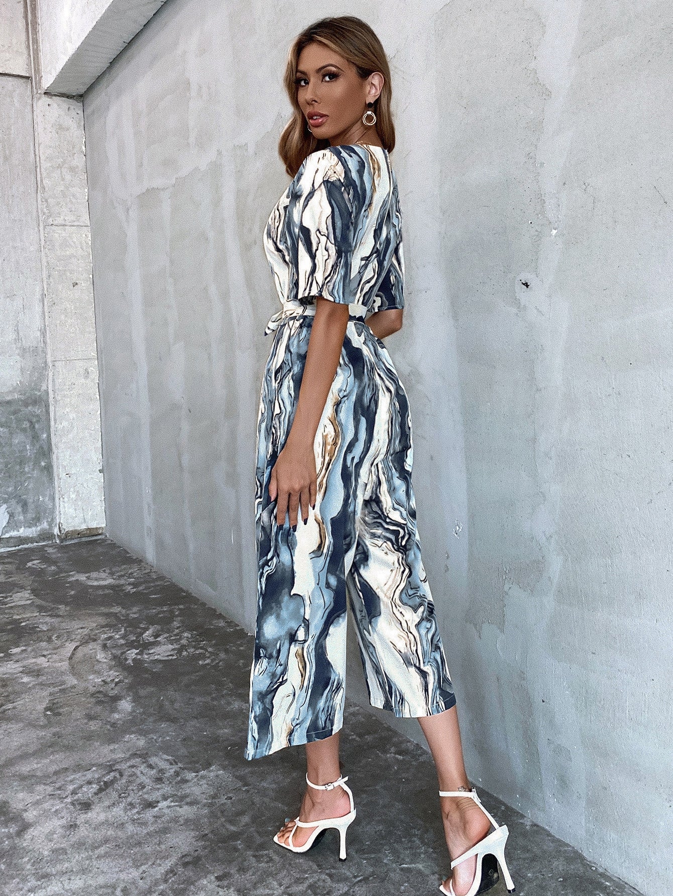 Graphic Print Belted Wide Leg Jumpsuit