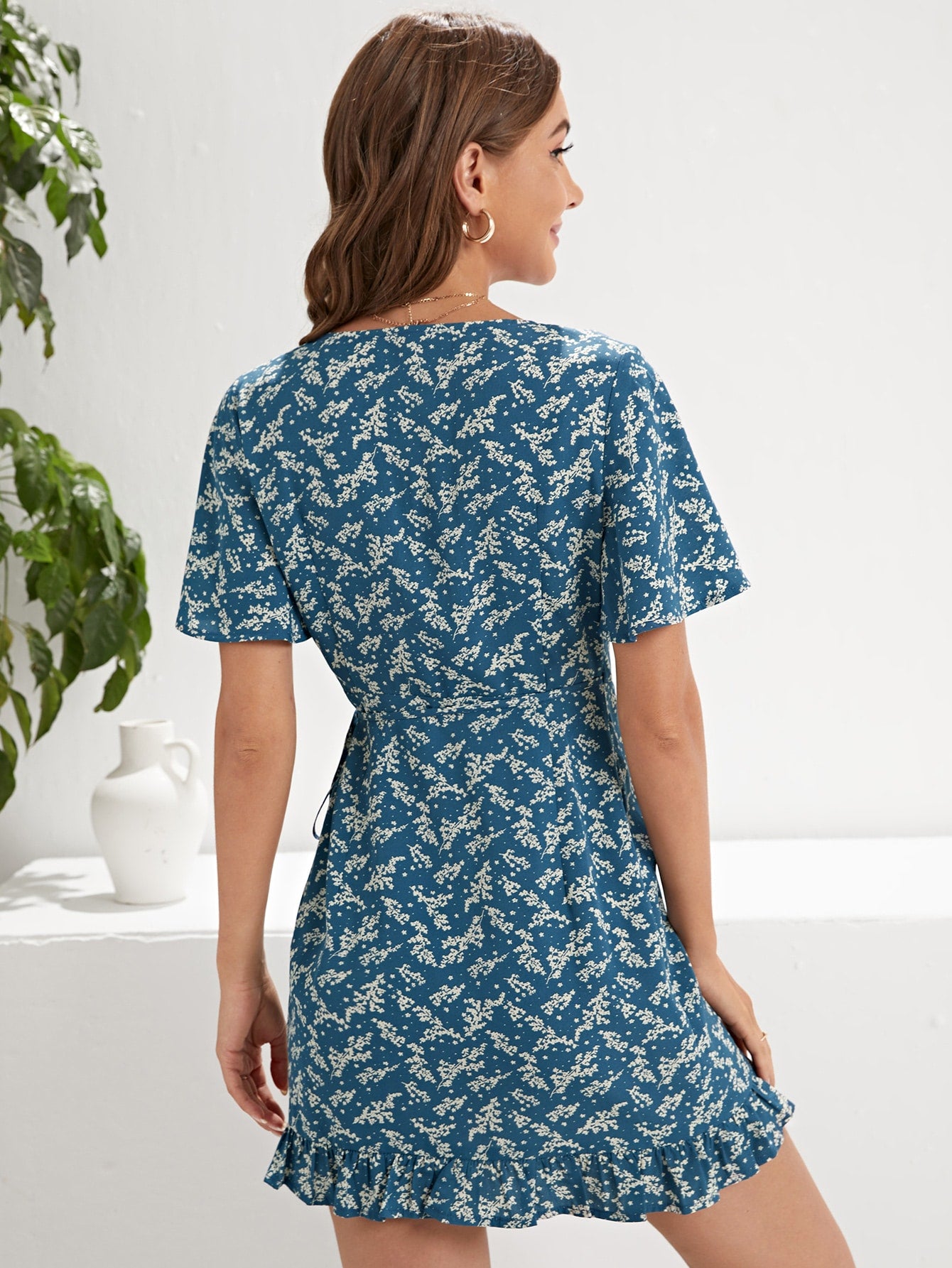 Floral Surplice Neck Knot Ruffle Hem Dress