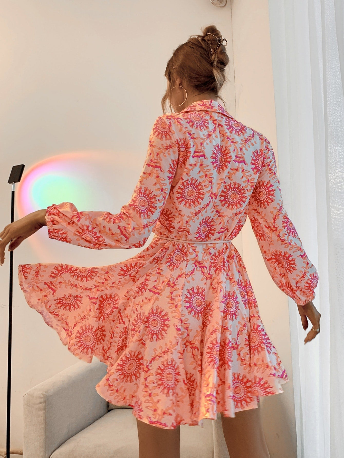 Allover Print Godet Hem Belted Shirt Dress