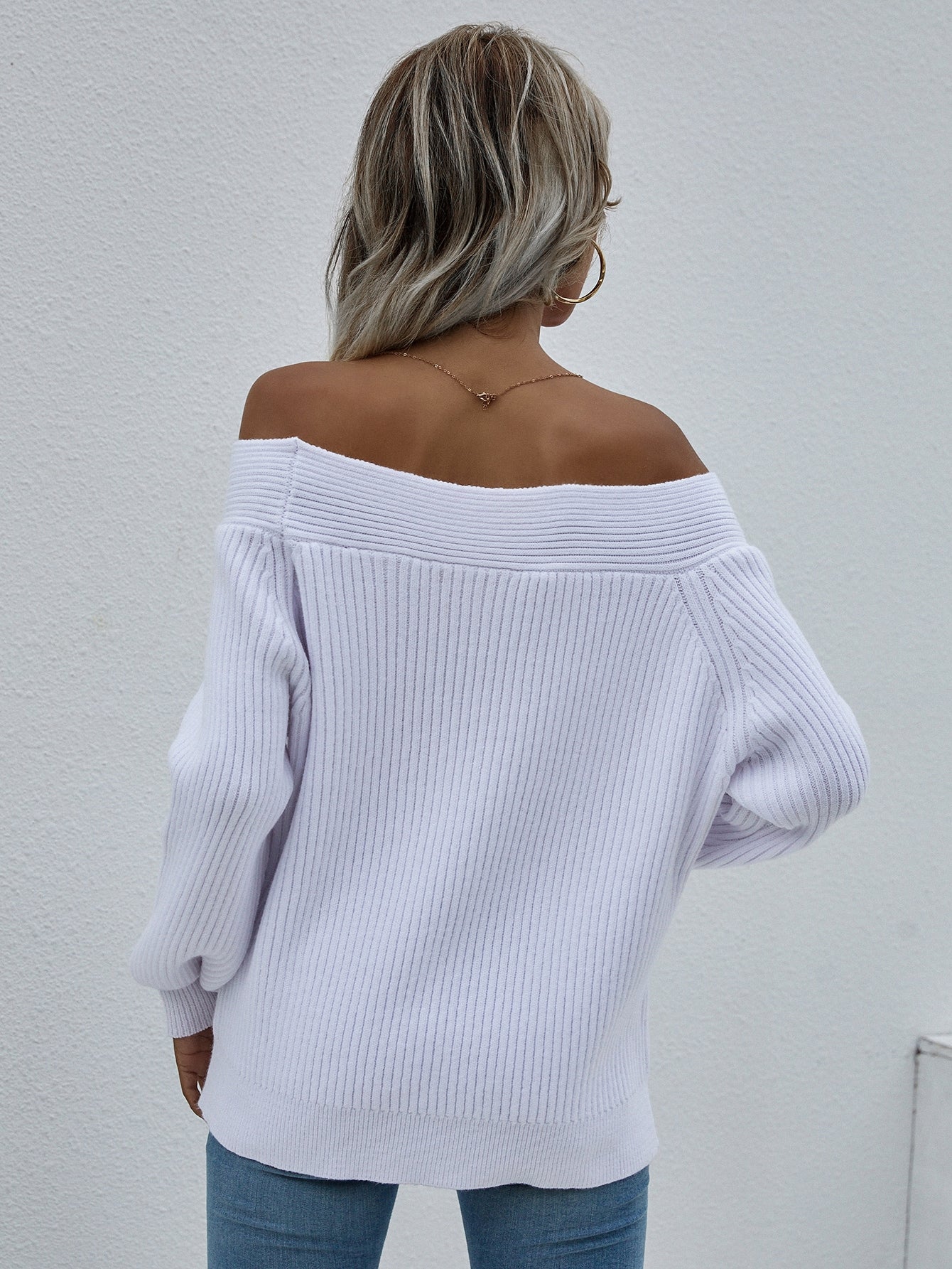 Solid Ribbed Knit Bardot Sweater