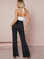 Two Tone Tie Open Front Crisscross Halter Jumpsuit