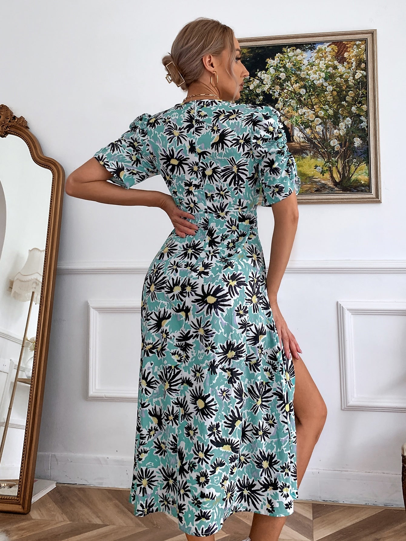 Allover Floral Puff Sleeve Split Thigh Dress