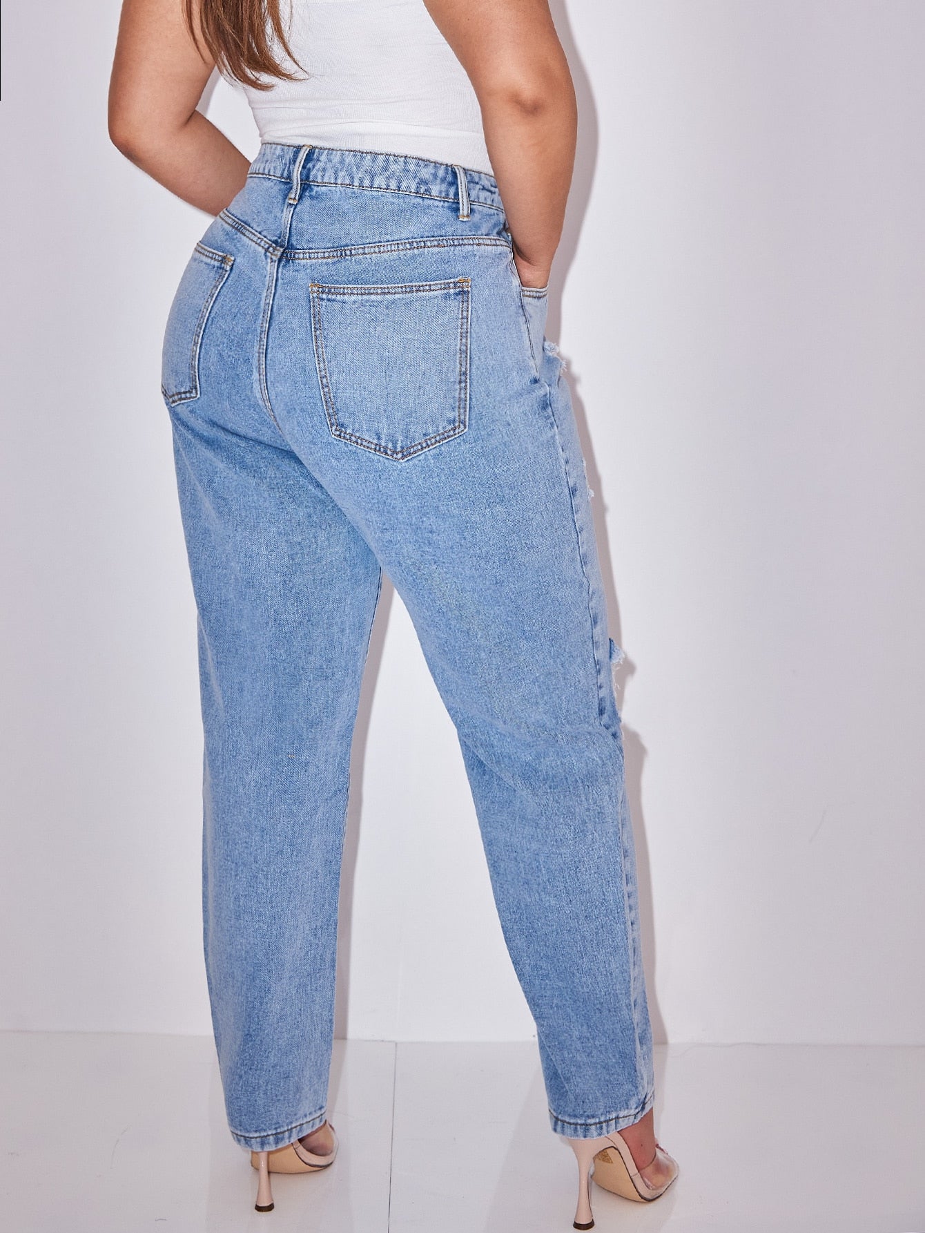 Plus Slant Pocket Ripped Mom Fit Jeans