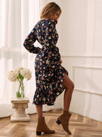 Floral Print Lantern Sleeve Belted Ruffle Hem Dress