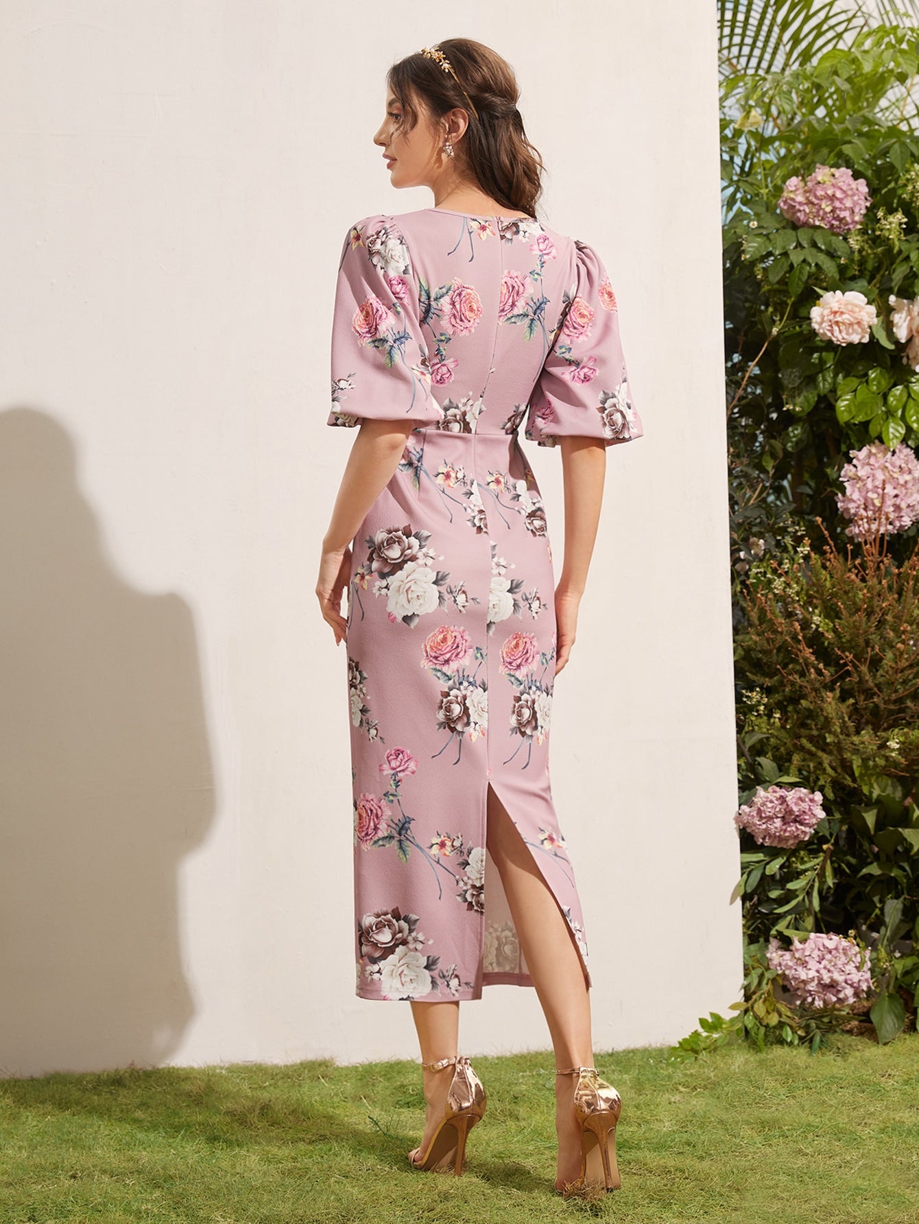 V-neck Bishop Sleeve Floral Dress