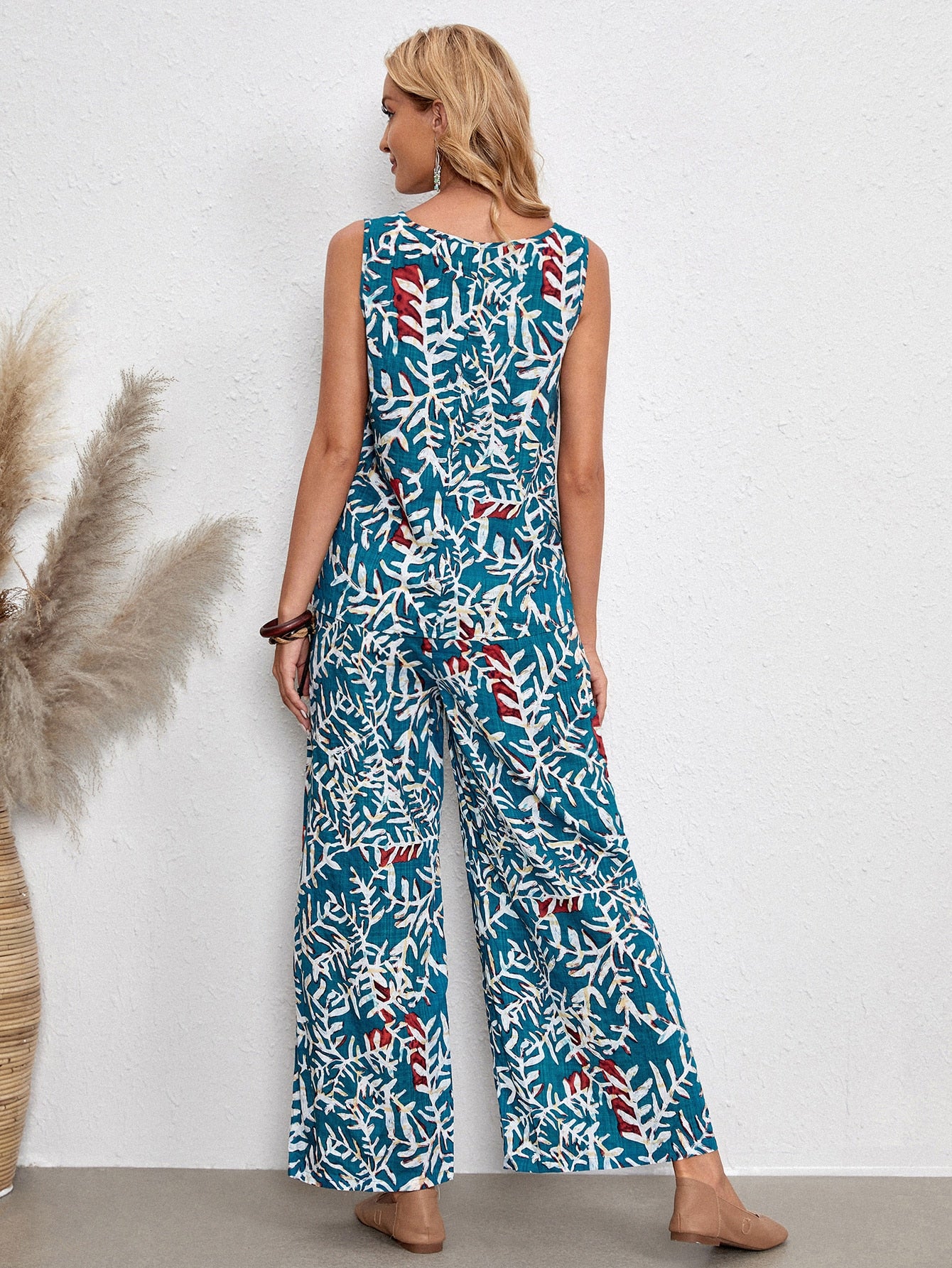 Plants Print Tank Top & Wide Leg Pants