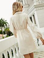 Flap Detail Lantern Sleeve Drawstring Waist Shirt Dress