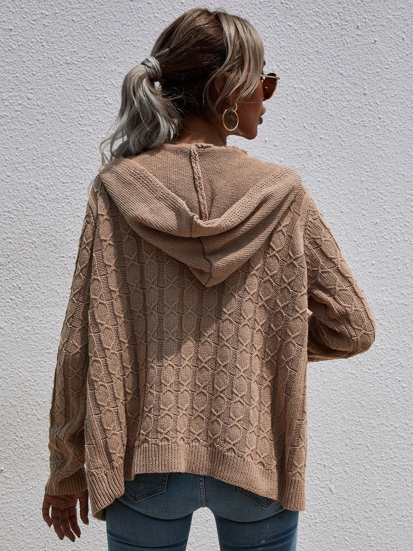 Textured Solid Hooded Cardigan
