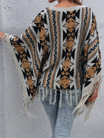 Geo Pattern Fringe Trim Poncho Sweater