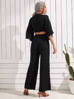 Solid Tie Front Flounce Sleeve Top & Pants