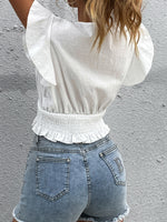 Wrap Butterfly Sleeve Shirred Ruffle Hem Blouse